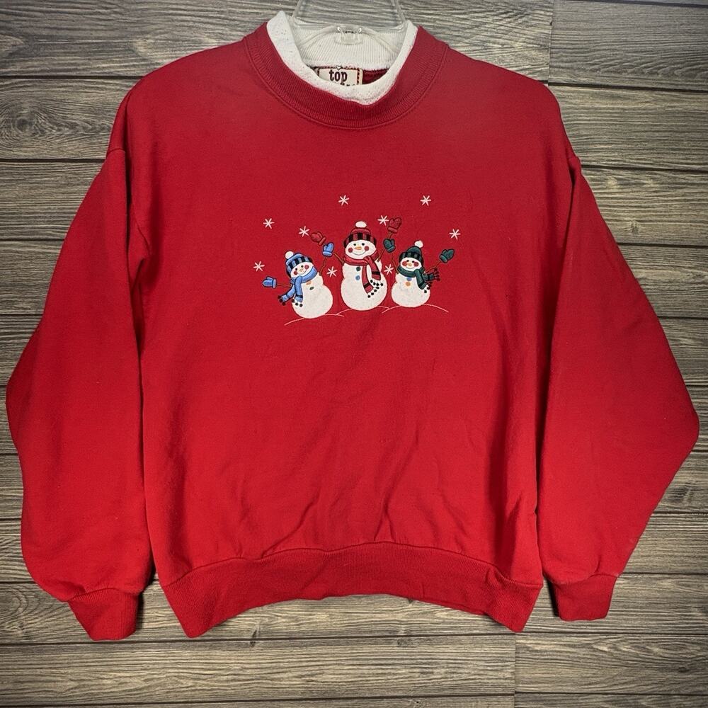 Vintage Top Stitch Sweatshirt Women M Red Winter Snowman 90s Holiday Christmas